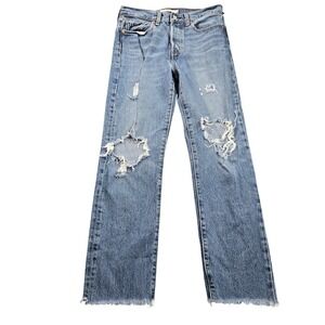 Levis Wedgie Straight Jeans Womens 27 Blue Mid Rise Distressed Raw Hem 28x27